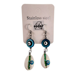 60mm Lange Oorbellen Dames - RVS - Haakoorbellen met Turquoise Groene Schelp Versierd met Zwart Turkse Oog - Handgemaakt