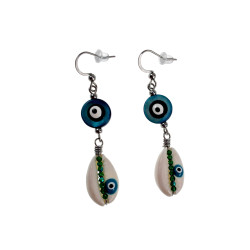 60mm Lange Oorbellen Dames - RVS - Haakoorbellen met Turquoise Groene Schelp Versierd met Zwart Turkse Oog - Handgemaakt