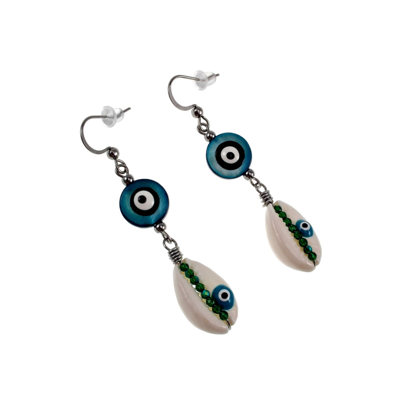 60mm Lange Orbellen Dames - RVS - Haakoorbellen met Turquoise Groene Schelp Versierd met Zwart Turkse Oog - Handgemaakt