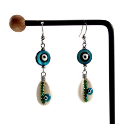 60mm Lange Oorbellen Dames - RVS - Haakoorbellen met Turquoise Groene Schelp Versierd met Zwart Turkse Oog - Handgemaakt