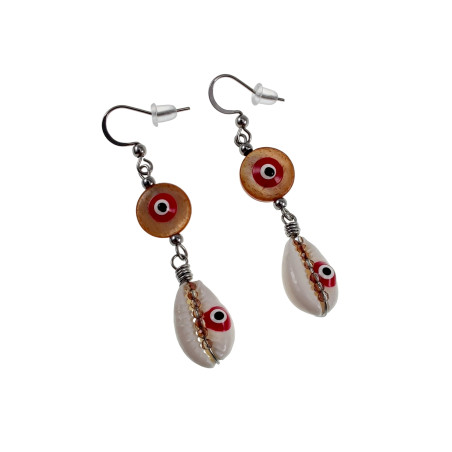 Dames RVS Haakoorbellen met Bruine Schelp Versierd met Rode Turkse Oog