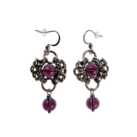 RVS Byzantijnse Haakoorbellen met Donkerpaars Kristallen Handgemaakt