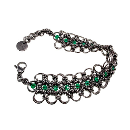 Dames Exclusieve Brede RVS Armband met Groene Kristallen Handgemaakt