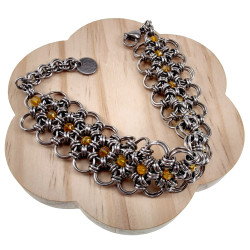 Exclusieve Brede RVS Armband met Amberkleur Kristallen Handgemaakt