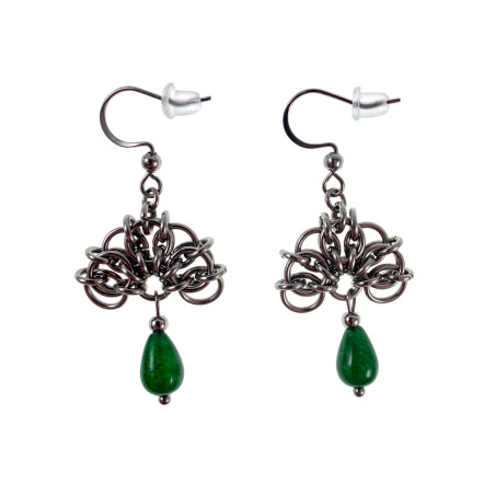 RVS Haakoorbellen met  met Levensboom en Groene Chalcedoon Handgemaakt