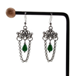 Dames RVS Levensboom Haakoorbellen met Ketting en Groene Chalcedoon