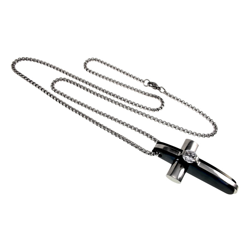 Uniseks Jasseron Ketting met Kruishanger en Zirkonia RVSl & Zwart PVD Uniseks Jasseron Ketting met Kruishanger en Zirkonia RVSl & Zwart PVD