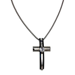 Uniseks Jasseron Ketting met Kruishanger en Zirkonia RVSl & Zwart PVD
