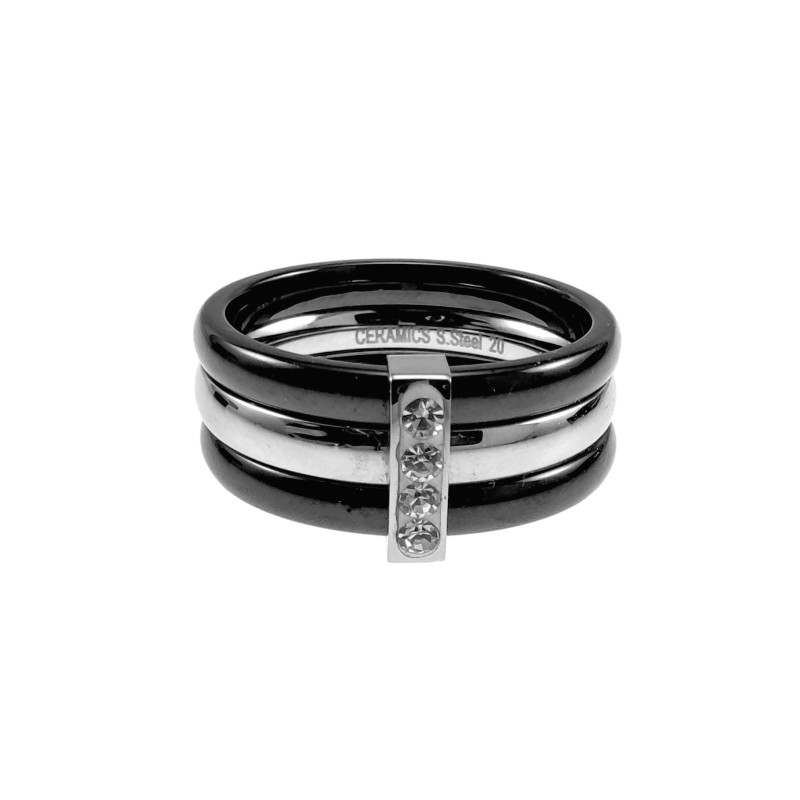 Dames Drievoudige Brede Ring van Zwart Keramiek en Staal met Zirkonias Dames Drievoudige Brede Ring van Zwart Keramiek en Staal met Zirkonias