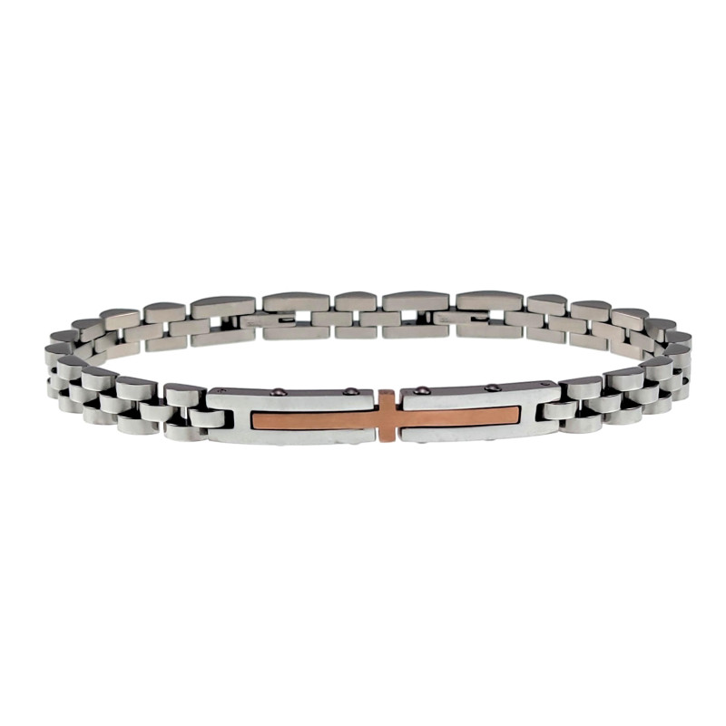 RVS Horlogestijl Schakelsarmband met Roségoudkleur Kruis - 16 en 19cm