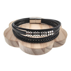 18cm Heren - 5-Bands Zwarte Leren Armband - RVS Magneetsluiting