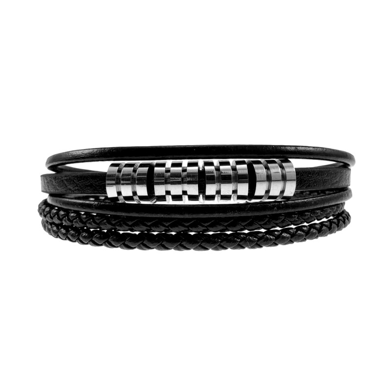 18cm Heren - 5-Bands Zwarte Leren Armband - RVS Magneetsluiting 18cm Heren - 5-Bands Zwarte Leren Armband - RVS Magneetsluiting