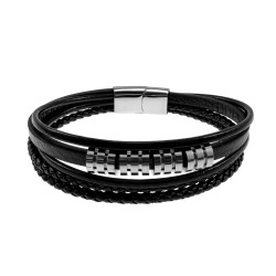 18cm Heren - 5-Bands Zwarte Leren Armband - RVS Magneetsluiting
