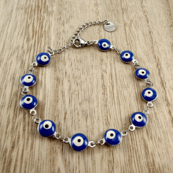 Dames RVS Armband met 8mm Blauwe Turkse Oog - Verstelbaar 19 tot 20 cm