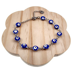 Dames RVS Armband met 8mm Blauwe Turkse Oog - Verstelbaar 19 tot 20 cm