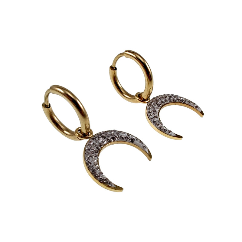 Orrbellen Dames - Oorringen met Halve Maan Hanger - RVS Verguld Orrbellen Dames - Oorringen met Halve Maan Hanger - RVS Verguld