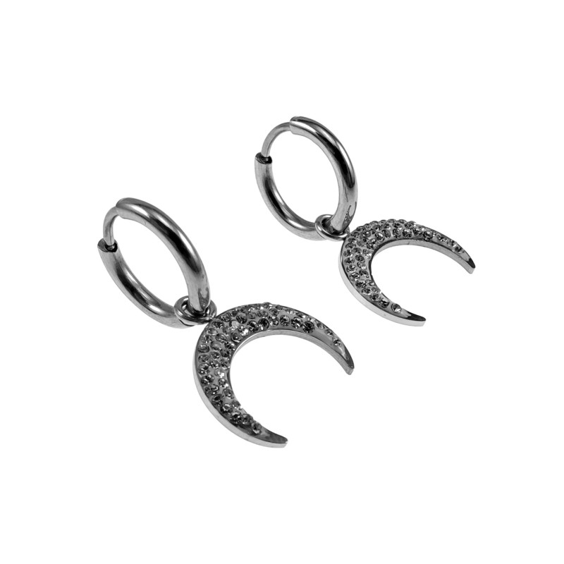Orrbellen Dames - Oorringen met Halve Maan Hanger - Gepolijst RVS Orrbellen Dames - Oorringen met Halve Maan Hanger - Gepolijst RVS