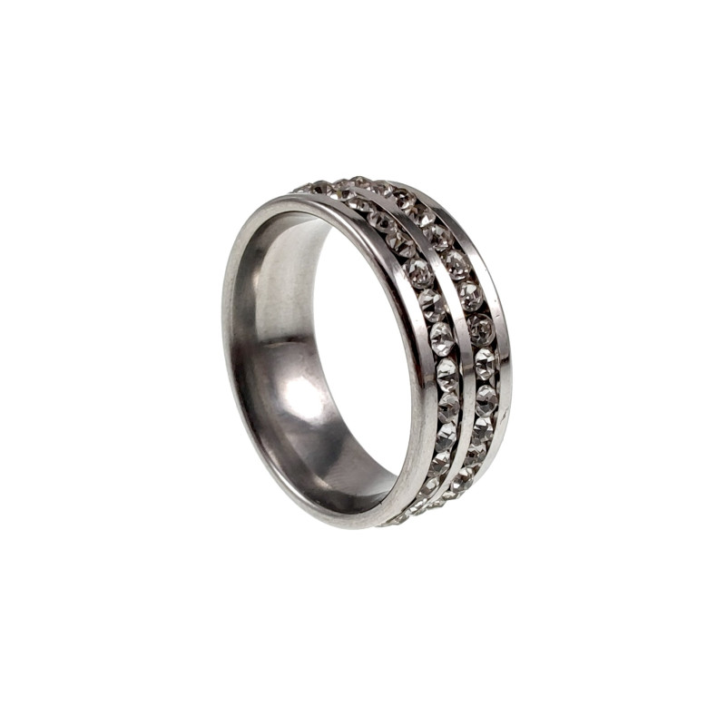 Ring Dames - Gepolijst RVS - Brede Ring met Dubbele Rij Steentjes Ring Dames - Gepolijst RVS - Brede Ring met Dubbele Rij Steentjes