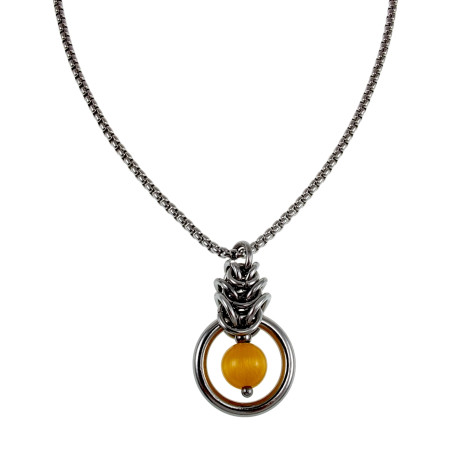 Dames RVS Jasseron-Ketting + Amberkleur Kattenoog Kristal Hanger Uniek