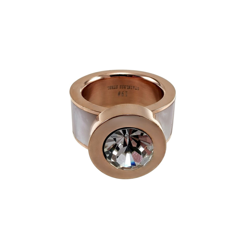 Brede Ring Dames - Roségoud RVS - Grote Ring met Parelmoer en Zirkonia Brede Ring Dames - Roségoud RVS - Grote Ring met Parelmoer en Zirkonia