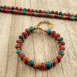 Armband met Rode en Turquoise  Amerikaanse Natuurstenen - Verguld RVS