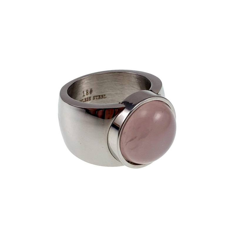 Brede Ring Dames - Gepolijst RVS - Grote Ring met Rozenkwarts Steen Brede Ring Dames - Gepolijst RVS - Grote Ring met Rozenkwarts Steen