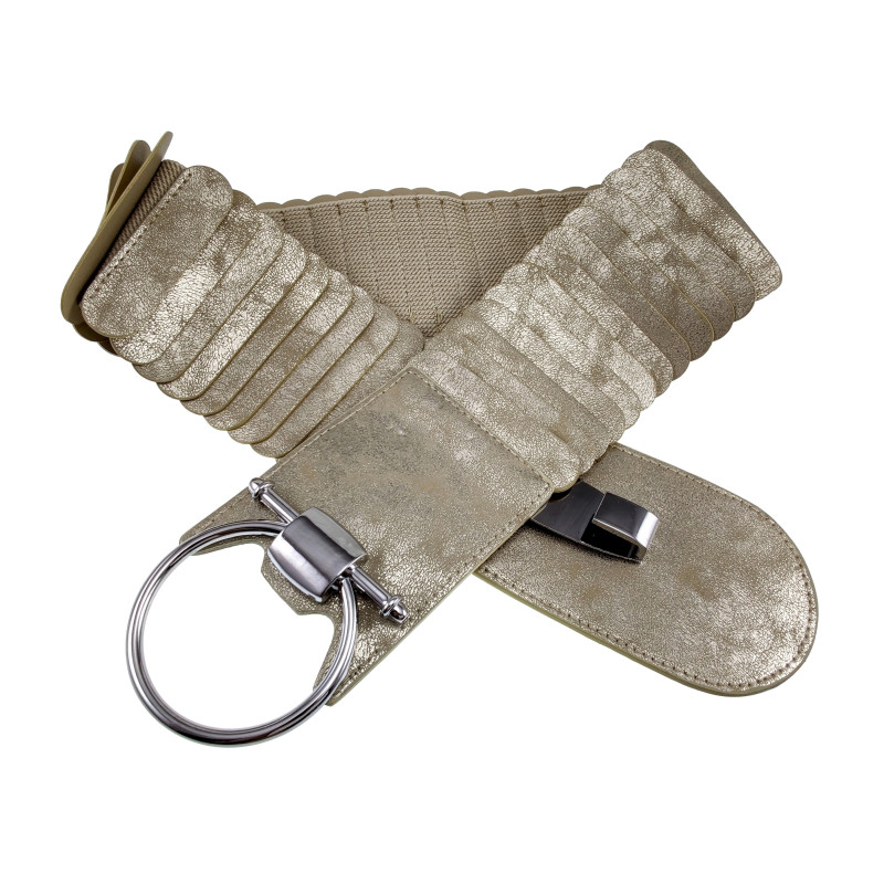 Dames - 8 cm Breed Beige-Goudkleurige Stretch Riem Voor Jurk of Tuniek