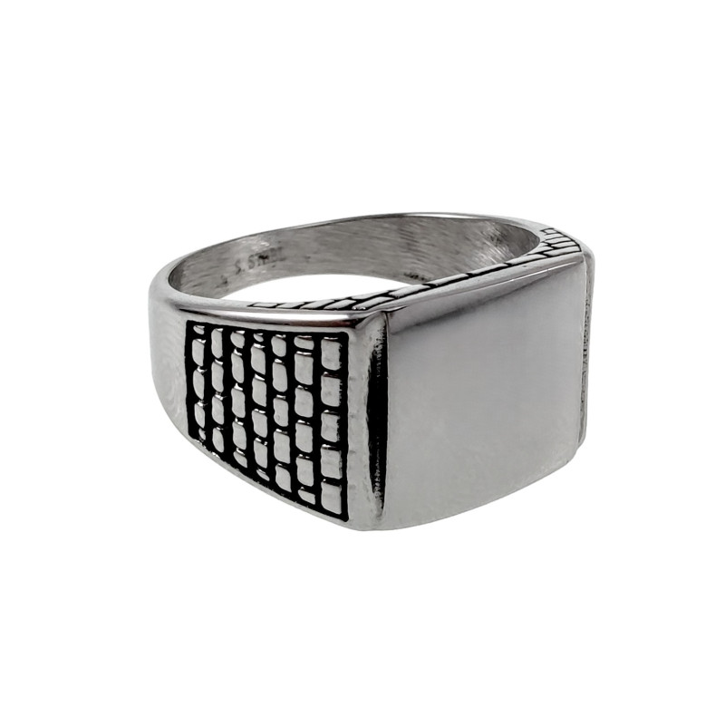 Zegelring Heren - Gepolijst RVS Spiegelglans Ring met Baksteenpatroon Zegelring Heren - Gepolijst RVS Spiegelglans Ring met Baksteenpatroon