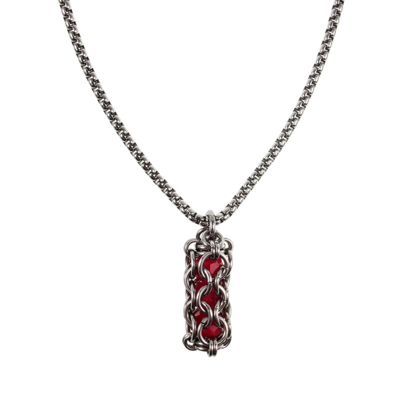 Dames RVS Jasseron-Ketting + Buis Hanger met Rode Kristallen - Handgemaakt