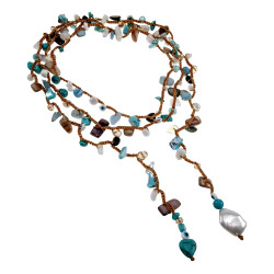 Gehaakte Ketting met Natuursteen, Schelpen, Kristallen Turquoisekleur