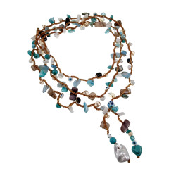 Gehaakte Ketting met Natuursteen, Schelpen, Kristallen Turquoisekleur