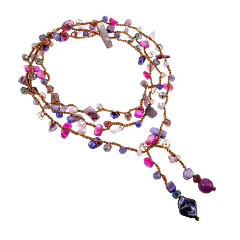 Gehaakte Ketting met Natuursteen, Schelpen, Kristallen Paaars-Rozekleur Gehaakte Ketting met Natuursteen, Schelpen, Kristallen Paaars-Rozekleur