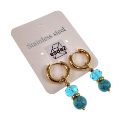 Verguld RVS Oorringen met Natuurlijke Turquoise Steen en Kristalhanger