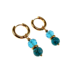 Verguld RVS Oorringen met Natuurlijke Turquoise Steen en Kristalhanger
