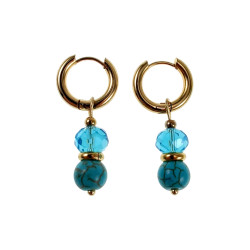 Verguld RVS Oorringen met Natuurlijke Turquoise Steen en Kristalhanger