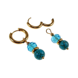 Verguld RVS Oorringen met Natuurlijke Turquoise Steen en Kristalhanger