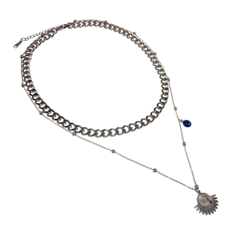 Dames Dubbele RVS Ketting met Turks Oog en Waaier Hanger Verstelbaar