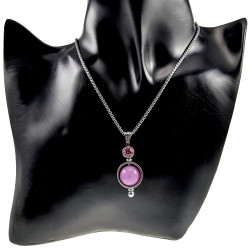 38mm RVS Hanger met Paarse Chalcedoon en Roze Zirkonia - Handgemaakt