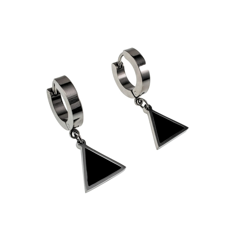 Oorbellen Dames - Gepolist RVS - Oorringen met Zwarte Driehoek Hanger Oorbellen Dames - Gepolist RVS - Oorringen met Zwarte Driehoek Hanger
