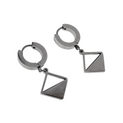 Oorbellen Dames - Gepolist RVS - Oorringen met Zwarte Vierkante Hanger