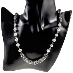 RVS Byzantijnse Schakelketting met Witte Zoetwaterparels Lengte 59cm