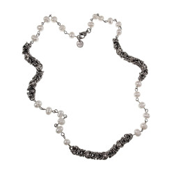 RVS Byzantijnse Schakelketting met Witte Zoetwaterparels Lengte 59cm