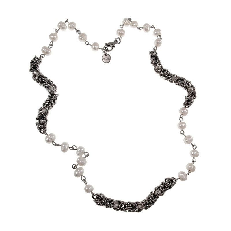 RVS Byzantijnse Schakelketting met Witte Zoetwaterparels Lengte 59cm