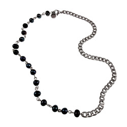 RVS Cubaanse Schakelketting met Zwarte Zoetwaterparels Lengte 52cm