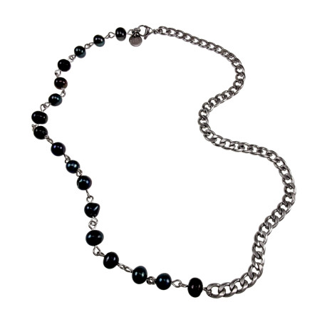 RVS Cubaanse Schakelketting met Zwarte Zoetwaterparels Lengte 52cm