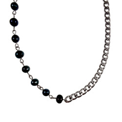 RVS Cubaanse Schakelketting met Zwarte Zoetwaterparels Lengte 52cm