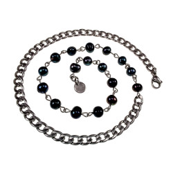 RVS Cubaanse Schakelketting met Zwarte Zoetwaterparels Lengte 52cm