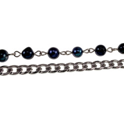 RVS Cubaanse Schakelketting met Zwarte Zoetwaterparels Lengte 52cm