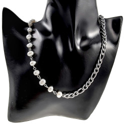 Unisex RVS Figaro Schakelketting met Witte Zoetwaterparels Lengte 52cm