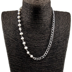 Unisex RVS Figaro Schakelketting met Witte Zoetwaterparels Lengte 52cm
